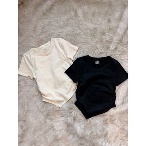 OQQ 2 Pack Top Short Sleeve Crew Neck Ruched Stretch Fitted Tee Beige/Black L